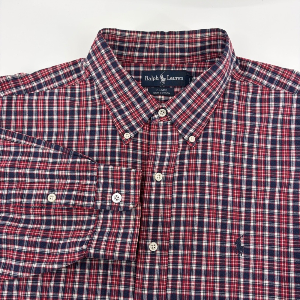 Polo Ralph Lauren Blake Shirt Mens XXL Red Navy Blue Plaid Cotton Button Down